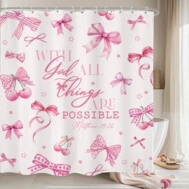 LIGHTINHOME Pink Bow Christian Shower Curtain 60Wx72H Inches Preppy Cherry Bible Verse Scripture Inspirational Quotes Girly Modern Cloth Fabric Waterproof Polyester Bathroom Home Decor Set with Hooks