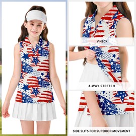 Soneven Girls Sleeveless Golf Polo Shirts V Neck Tennis Shirts Quick Dry Athletic Tank Tops July 4th American Flag Shirts