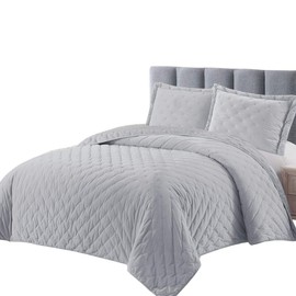 Royal Tradition Velvet Grey Fluffy Coverlets, Queen Oversized 3pc Quilt Set (92-Inch Wide x 96-Inch Long) All Seasons Bedspread with Embroidered Mini Dots