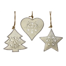 Decorative Pendant Heart Star Tree Set of 3 9 cm Metal Beige Silver Nostalgia Christmas Decoration Decorative Chain Window Decoration Winter Decoration