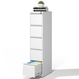 BIZOEIRON 5 Drawer File Cabinet with Lock, Metal Vertical Filing Cabinets for Home Office, Steel Storage Cabinet for Hanging Legal/Letter Size Files, Assembly Required (White)