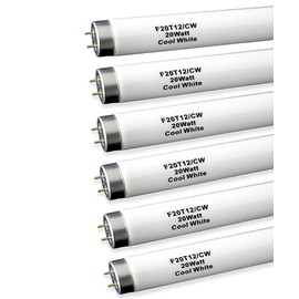 6pack 24 inch F20T12/CW 20W Fluorescent Light Bulb, 2FT 20 Watts 4100K Cool White, T12 Tube Dia 1.5 inch,G13 Base,1200 Lumen High Brightness