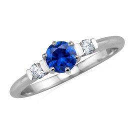 Silvershake Petite Created Round Shape Blue Sapphire White Gold Plated 925 Sterling Silver Promise Ring September Gemstone Birthstone, Sterling Silver Rhodium (White Gold Plated), synthetic sapphire blue