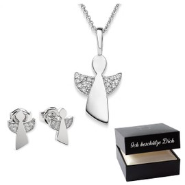 Amoonic Girls' Guardian Angel Jewellery Set 925 Silver Angel Necklace and Stud Earrings with Zirconia Gift Set with Engraving for Communion and Christening, Sterling Silver, Cubic Zirconia
