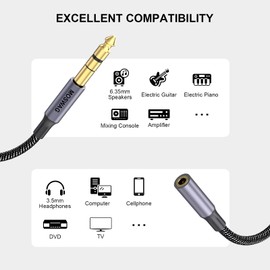 MOSWAG 6.35mm 1/4 inch to 3.5mm 1/8 inch Headphone Jack Adapter 3.28FT/1Meter,1/8 Female to 1/4 Male Extension Cable,3.5 to 6.35 Audio Cable for Mixer Guitar Piano Amplifier Speaker and More