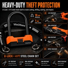 Combination Bike U Lock and Chain Set for Bikes, E-Bikes and Scooters