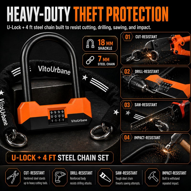Combination Bike U Lock and Chain Set for Bikes, E-Bikes