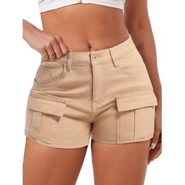 ELLEVEN Women's Y2K Cargo Shorts - Khaki Medium Summer Shorts with Pockets