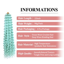 Curly Crochet Hair 22Inch 6Packs Curly Braiding Hair Extensions for Boho Braids Synthetic Ocean Wave Crochet Hair for Women Green Deep Wave Boho Hair for Braiding
