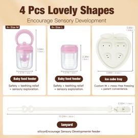 Ominilove Baby Fruit Feeder & Popsicle Molds Tray Combo, New Born Must Haves and Babies Led Weaning Supplies for Safe Infant Self Feeding Pink 2