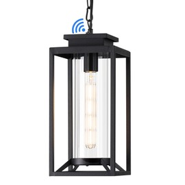 Osimir Outdoor Pendant Light, 14" Large Dusk to Dawn Outdoor Chandelier Lantern with Sensor, Black Modern Exterior Hanging Porch Light with Cylinder Glass, Adjustable Long Chain, OS-KY1002