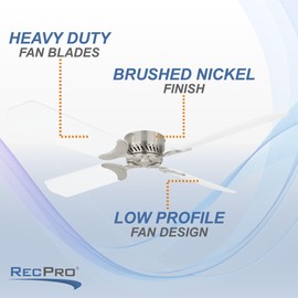 RecPro RV 12V Ceiling Fan | 4-Blade | 4-Speed | Near Silent Operation | Reversing Direction Wall Control (Brushed Nickel: White Blades, 36")