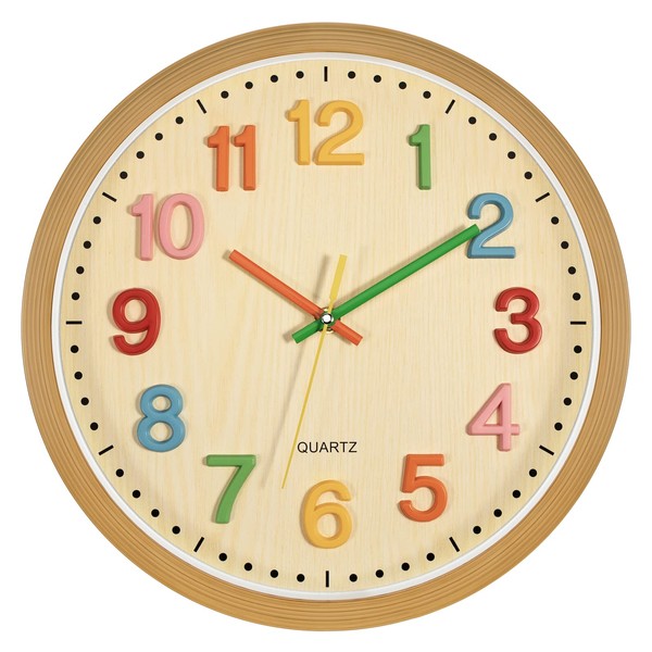 Foxtop Silent Kids Wall Clock Non-Ticking Battery Operated Colorful Childrens Clock for Classroom Playroom Nursery Bedrooms Kids Room (3D Numbers, 12 inch)
