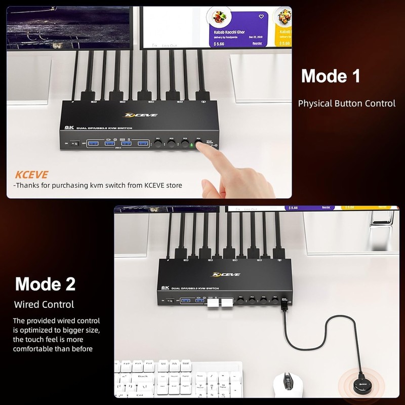 DisplayPort Reyoten KVM Switch, 4 Computers 2 Monitors, 8K@60Hz, 4×USB