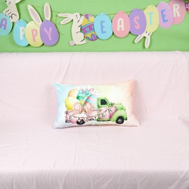 ONWAY Easter Throw Pillow Cover 12x20 Inch Farmhouse Truck Colorful Eggs Lumbar Pillows Happy Easter Patio Outdoor Decorations Cushion Cases for Sofa Couch Home