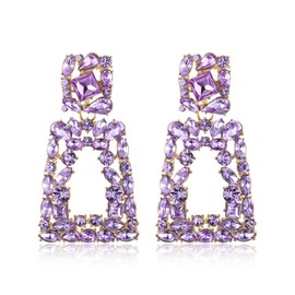 Flyonce Rectangle Geometric Clip-on Earrings for Women, Sparkly Lavender Purple Rhinestone Crystal Statement Earring for Non Pierced Ears