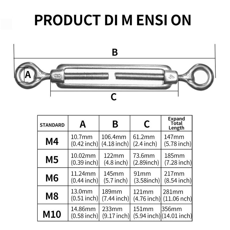 GLE2016 Stainless Steel 304 Turnbuckle Wire Rope Tension Pack of