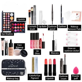 POPFEEL Professional Makeup Set, 27 Piece Set, Full Beauty Makeup, Makeup Set, Cosmetics Set, Beginner Set (Includes Lipstick, Lip, Eyeshadow, Eyeshadow Palette, Eyeliner Pencil, Mascara, Cheek,