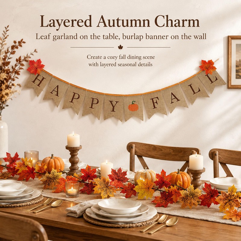 Happy Fall Burlap Banner with Maple Leaf Garland