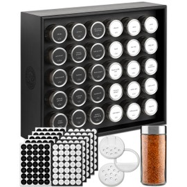 BOURBON & BARREL Wooden Spice Rack Organizer with Glass Jars | Stainless Steel Lids | Bamboo Countertop Spice Organization | 350 Waterproof Spice Labels | 2 Chalk Markers | 30 4oz Jars [Black]