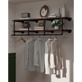 TEDIDUWA Wall Mounted Clothes Rack 12 Inch Deep, 60 Inch Heavy Duty Garment Rack with Real Walnut Wood Shelf, Multi-Purpose Hanging Rod & Space-Saving Closet Storage Organizer