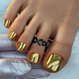 KQueenest Chrome Gold Christmas Press on Toes Nails Short Square, Metallic Fake Toe Nails Glue on, Glitter Glossy Toe Press on Nails For Women with Mirror Design, Cute Gel ToeNails Acrylic 24 Pcs