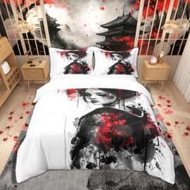 Loussiesd Children's Japan Art Geisha Cotton Bed Linen Set 135 x 200 cm Boys Girls Cherry Blossom Bed Set Japanese Style Duvet Cover Set Japanese Tradition Aesthetic Duvet Cover