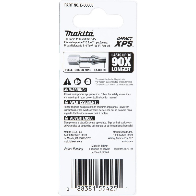 Makita E-00608 Impact XPS™ T10 Torx 1" Insert Bit, 5/pk