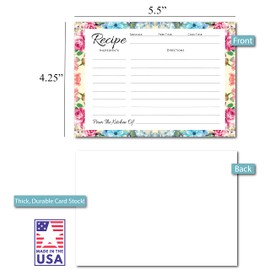 Pioneer Woman Style Floral Recipe Cards (50 Pcs) Flower Recipe Cards, Floral Index Cards, Blank Back Recipe Notecards, Perfect for Bridal Shower (50, 4.25" x 5.5")