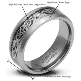 8mm Tungsten Wedding Band Ring Comfort Fit High Polished Celtic Knot Dragon Inlay for Men and Women