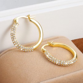 Earrings Sterling Silver 925 Hoop Earrings for Women, 14 Carat Gold-Plated Hoop Earrings, Round, Shiny Small Hoop Earrings with AAA+ Cubic Zirconia Rhinestones, Hypoallergenic Hoop Earrings for Women