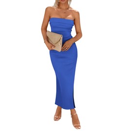 PRETTYGARDEN Women's Summer Bodycon Maxi Tube Dress Ribbed Strapless Side Slit Long Going Out Casual Elegant Party Dresses (Blue,Small)