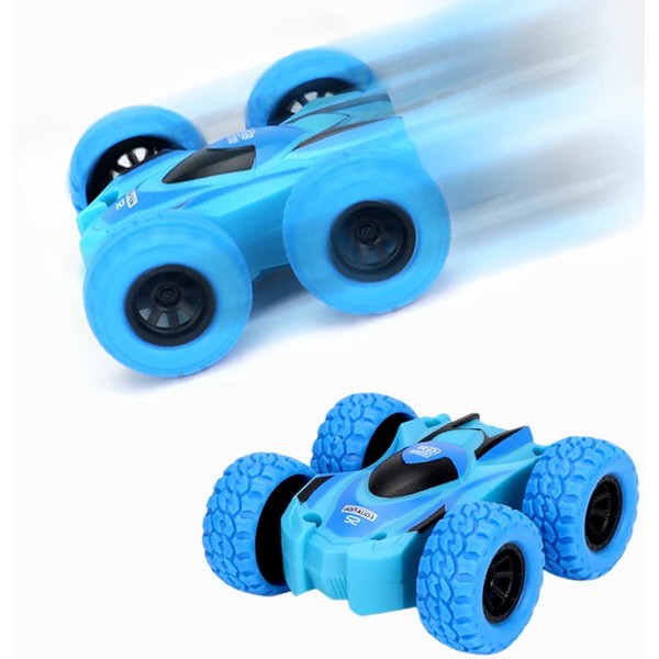 Yeefunjoy Double Sided Blue 360°Tumble Stunt Toy Cars, Pull Back Car, Friction Powered Vehicles Push and Go Vehicle, Inertia Off-road Rubber Wheels Car Birthday Gifts for 3-10 Year Old Boys Girls Kids