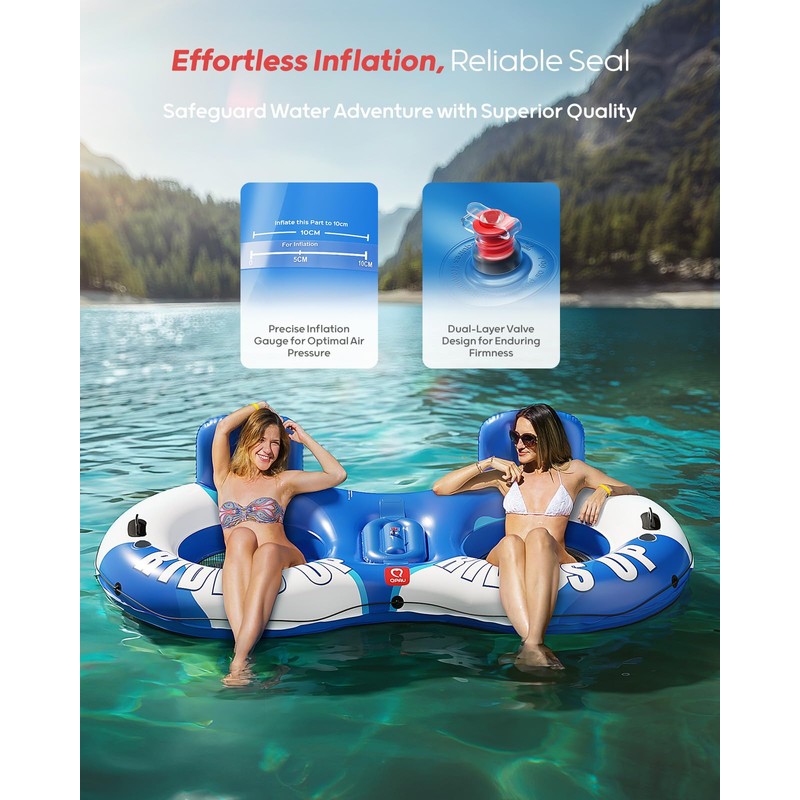 QPAU Inflatable Double River Tube, 2 Person 660lb Capacity, Puncture-Resistant