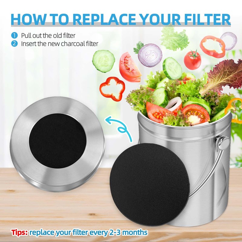 6 Pack Compost Filters for Countertop Bin, 6.7 Inch Charcoal
