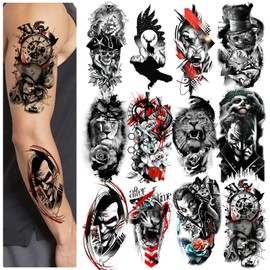 12 Sheets Half Large Temporary Tattoos Suitable for Adult Men Black Lion Cat Wolf Clock Pirate Fantasy Theme Design