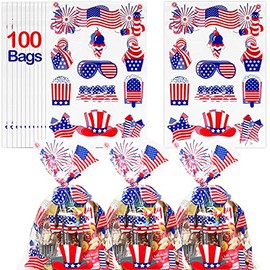 4th of July Cellophane Bags | 100 pcs (6” x 9” Inch) USA Treat Bags | 2.5 Mil Snack Bags with USA Patriotic Designs | Independence Day Cello Treat Bags| USA Game Day Party Decoration | 4th of July Party Treat Bags | By Anapoliz