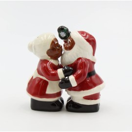 Fine Ceramic Ethnic African American Black Christmas Kissing Santa Salt & Pepper Shakers Set, 3-3/8" H