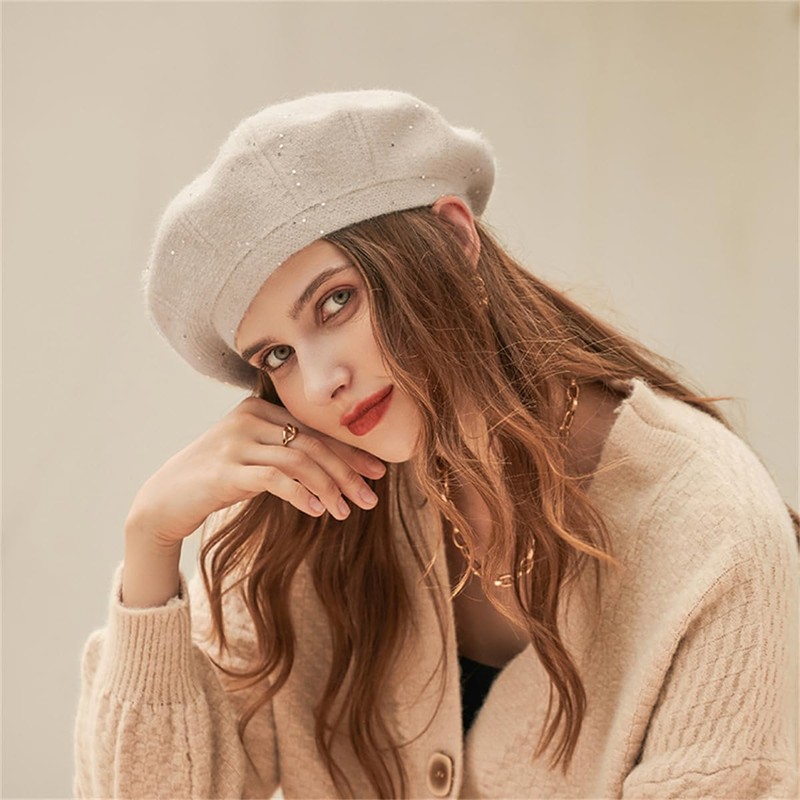 Women's Bling Beret Hat, Classic French Knit Beanie Winter Warm