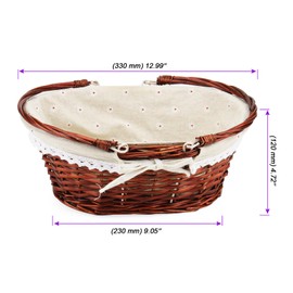 JOIKIT 2 Pack Wicker Woven Basket with Handle, Oval Wicker Picnic Basket with Linen Cloth Lining, Brown Woven Willow Basket for Eggs, Candy, Gift, 30 x 23 x 12cm