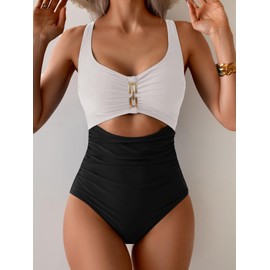 Aidonger - Traje de baño de una pieza para mujer, con control de abdomen, fruncido, cuello en V, recorte, traje de baño adelgazante, Blanco, Negro, XX-Large