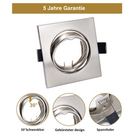 Wondlumi Set of 6 LED Recessed Spotlights Frame GU10 Swivelling Brushed Stainless Steel Recessed Spotlights 68 mm Square 230 V Mounting Frame Including Socket for LED or Halogen