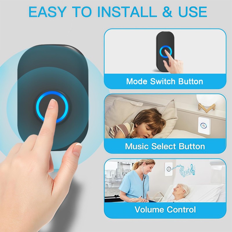 AMFUN Wireless Doorbell, Wireless Doorbell, Wireless Doorbell Set with 593FT