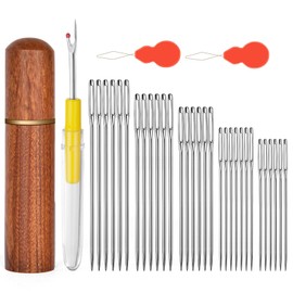 HOTUT Large Eye Blunt Needles, 33 PCS Hand Sewing Needles Yarn Knitting Needles, 5 Sizes Big Eye Embroidery Needles, 1 Seam Rippers e 2 Needle Threaders, Stainless Steel Hand Knitting Needles Kit