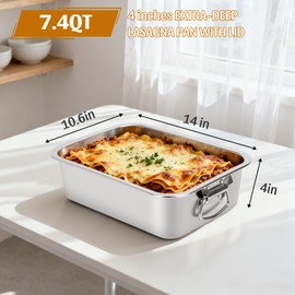 4 Inch Extra Deep Lasagna Pan with Lid and Handles 7.4QT Large Stainless Steel Nonstick Deep Baking Pan with Handles for Lasagna Casserole Dishes Brownie Sourdough Bread （14x10.6x4 IN)