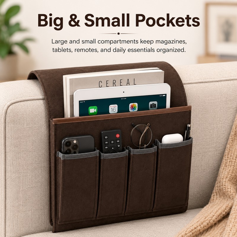 Sofa Armrest Organizer for Remotes & Magazines – Hanging Fabric