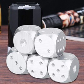 BuyWeek Game Dice, 5-Piece Dice Set Made of Aluminium Alloy, Table Game, Poker Games, Monopoly Dice Set with Storage Box (Square Box, Silver)