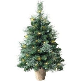 2ft Pre-lit Mini Artificial Christmas Tree,68 PVC Branches Tips & 17 Flowering Pine Needles & LED String Lights & Burlap Wrapped Base Green Xmas Tree for Desktop