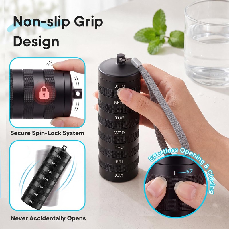 Weekly Metal Pill Organizer 2 Times a Day, Waterproof Travel