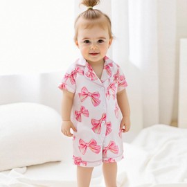 Kuriozud Baby Girl Pajamas Newborn Button Down Romper Jumpsuit Feather Trim Nightgown Infant Sleepwear One-Piece Summer Pjs (A Bow Print Pink, 18-24 Months)